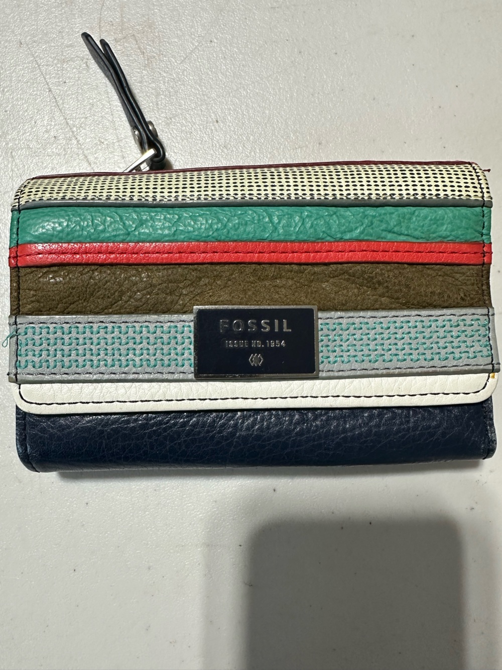 Fossil Multicolor Striped Leather Wallet - Navy, White, Teal, Brown, Red, Green